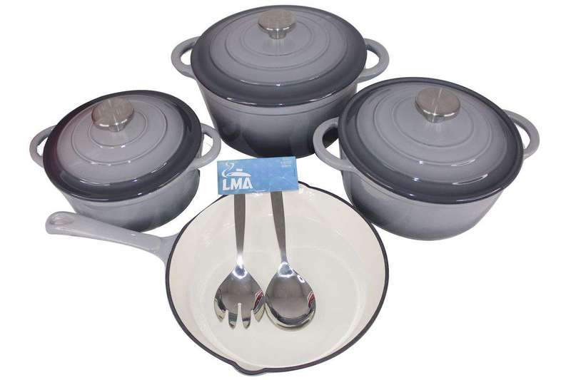 SMTE Authentic 7 Piece Cast Iron Cookware Set Grey with keychain