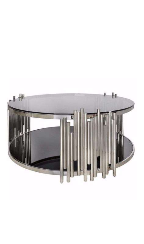 SMTE Stylish Black Glass Round Center Coffee Table (Silver) with keychain