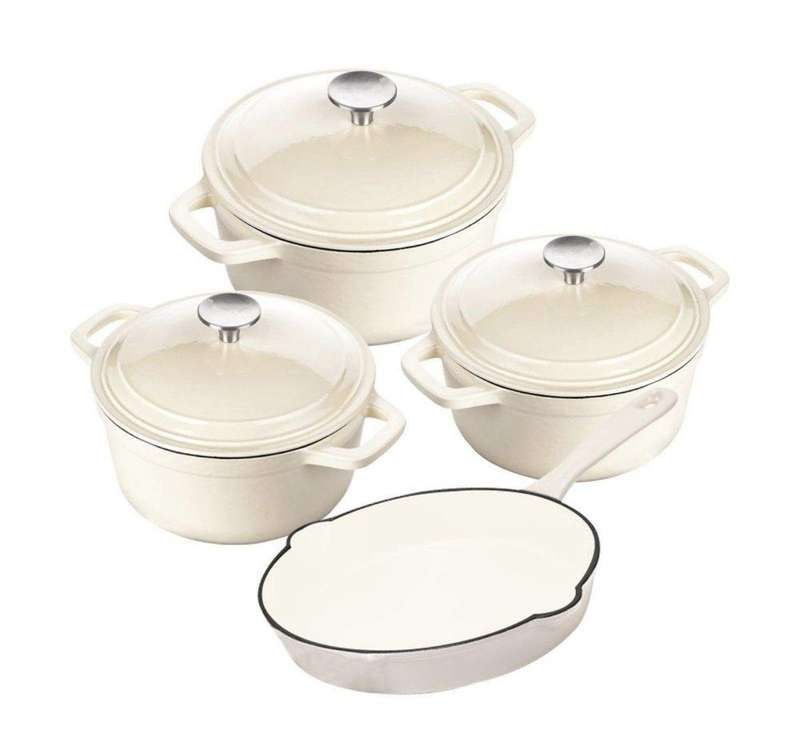 SMTE Authentic 7 Piece Cast Iron Dutch Oven Cookware Pot Set - Cream with keychain
