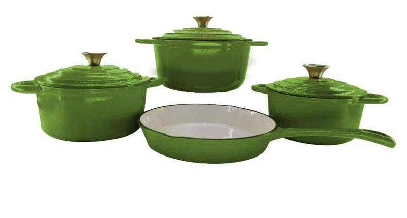 SMTE Authentic 7 Piece Cast Iron Dutch Oven Cookware Pot Set - Green with keychain