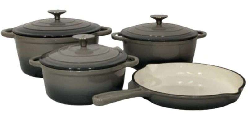 SMTE Authentic 7 Piece Cast Iron Dutch Oven Cookware Pot Set - Grey with keychain