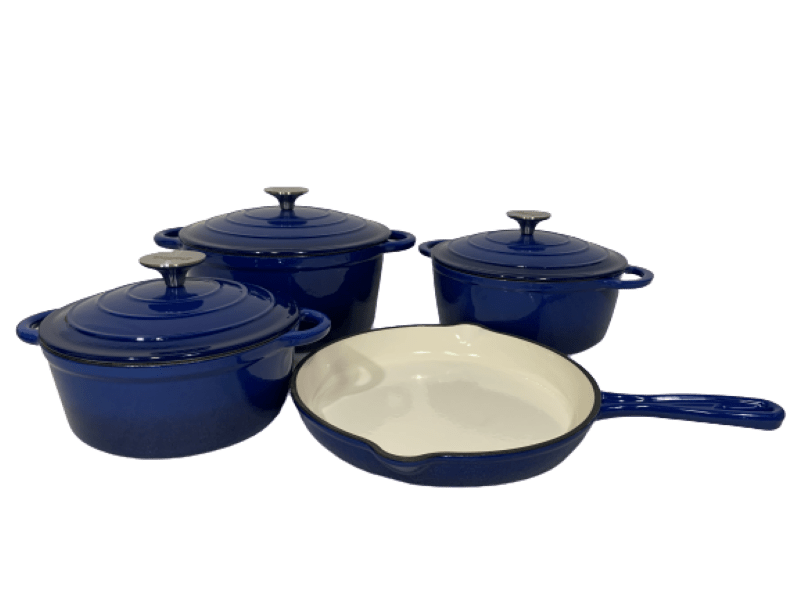 SMTE Pot set 7 Piece Cast Iron Grooved Lid Blue with keychain