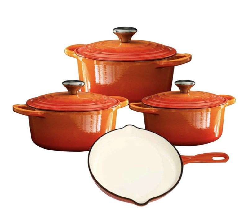 SMTE Authentic 7 Piece Cast Iron Dutch Oven Cookware Pot Set - Orange with keychain