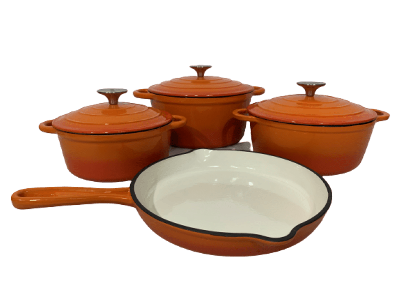 SMTE Pot set 7 Piece Cast Iron Grooved Lid Orange with keychain