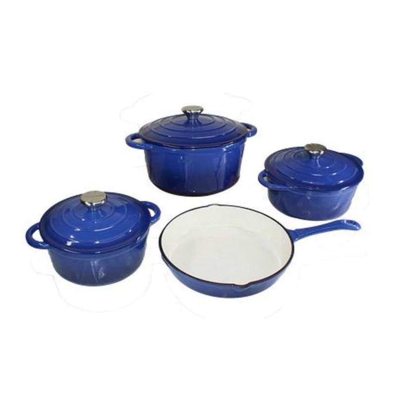 SMTE 7 Piece Cast Iron Dutch Oven Cookware Set - Blue with keychain