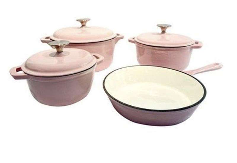 SMTE Authentic 7 Piece Cast Iron Dutch Oven Cookware Pot Set - Pink with keychain