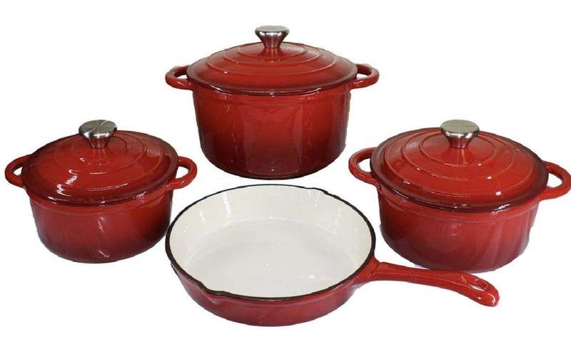 SMTE Authentic 7 Piece Cast Iron Dutch Oven Cookware Pot Set - Red with keychain