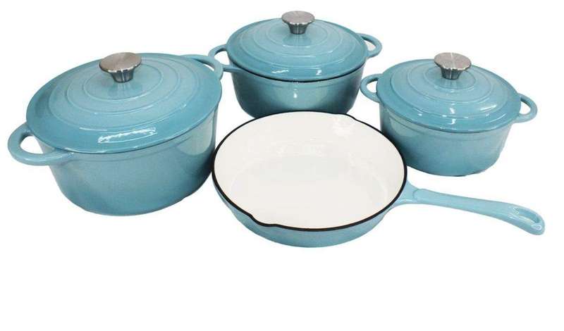 SMTE Authentic 7 Piece Cast Iron Dutch Oven Cookware Pot Set - Sky Blue with keychain
