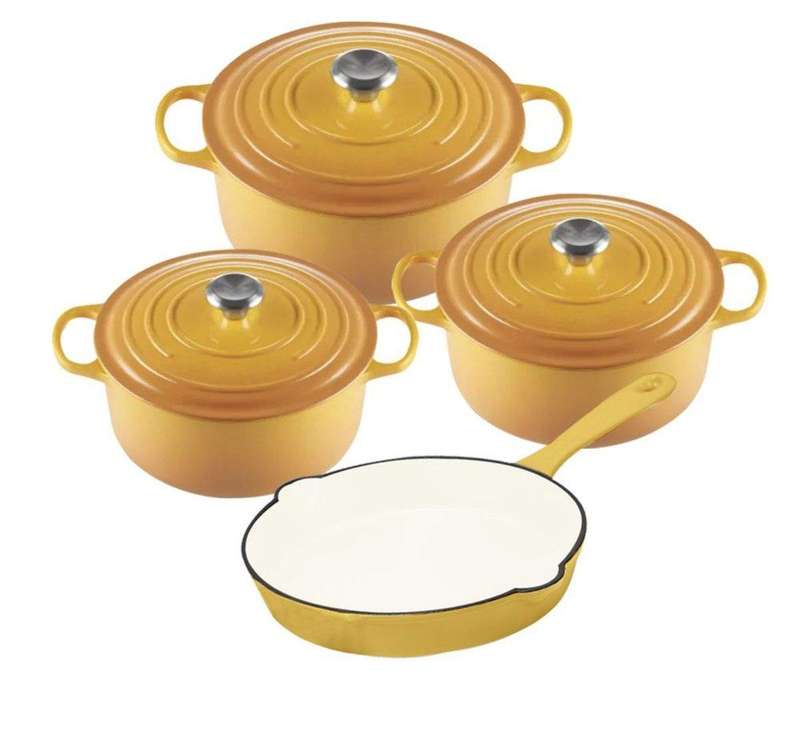 SMTE Authentic 7 Piece Cast Iron Dutch Oven Cookware Pot Set - Yellow with keychain