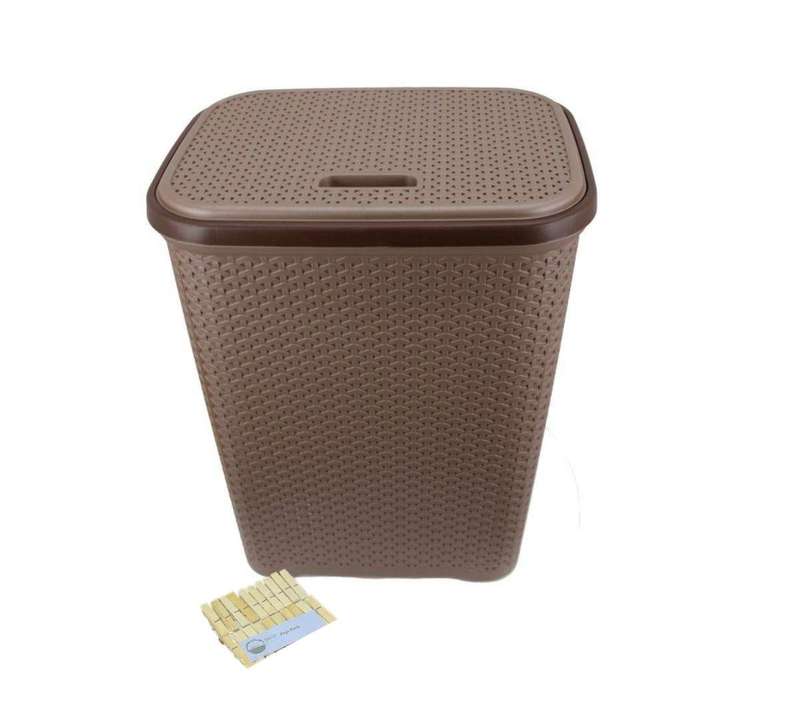 SMTE Two Tone Reed Weave Laundry Basket with Hinge Lid & SMTE Pegs - Chocolate with keychain