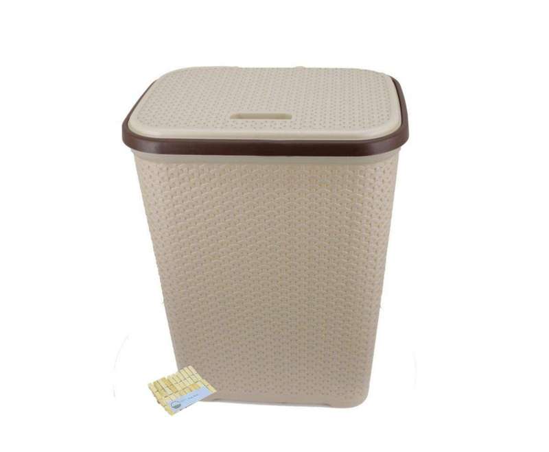 SMTE Two Tone Reed Weave Laundry Basket with Hinge Lid & SMTE Pegs - Cream with keychain