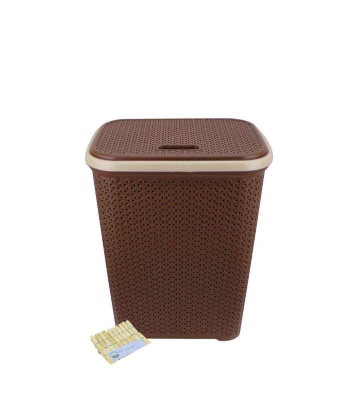 SMTE Two Tone Reed Weave Laundry Basket with Hinge Lid & SMTE Pegs - Dark Brown with keychain