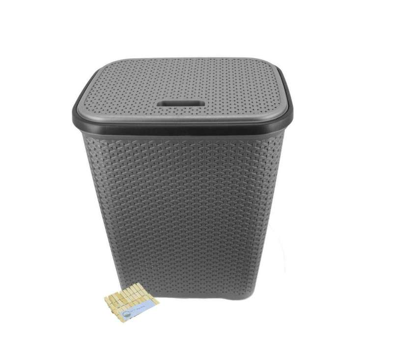 SMTE Two Tone Reed Weave Laundry Basket with Hinge Lid & SMTE Pegs - Grey with keychain