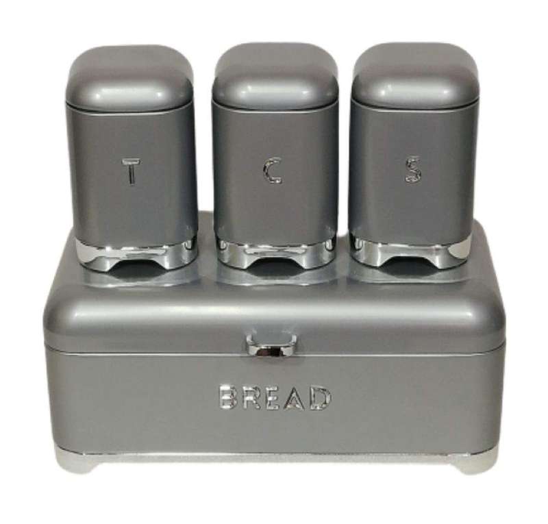 SMTE GB Royal Tea Coffee Sugar and Bread Bin Set - Grey with keychain