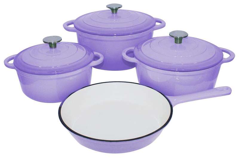 SMTE Stunning - 7 Piece New Design Dutch Pot Cookware Sets Cast Iron - Purple with keychain