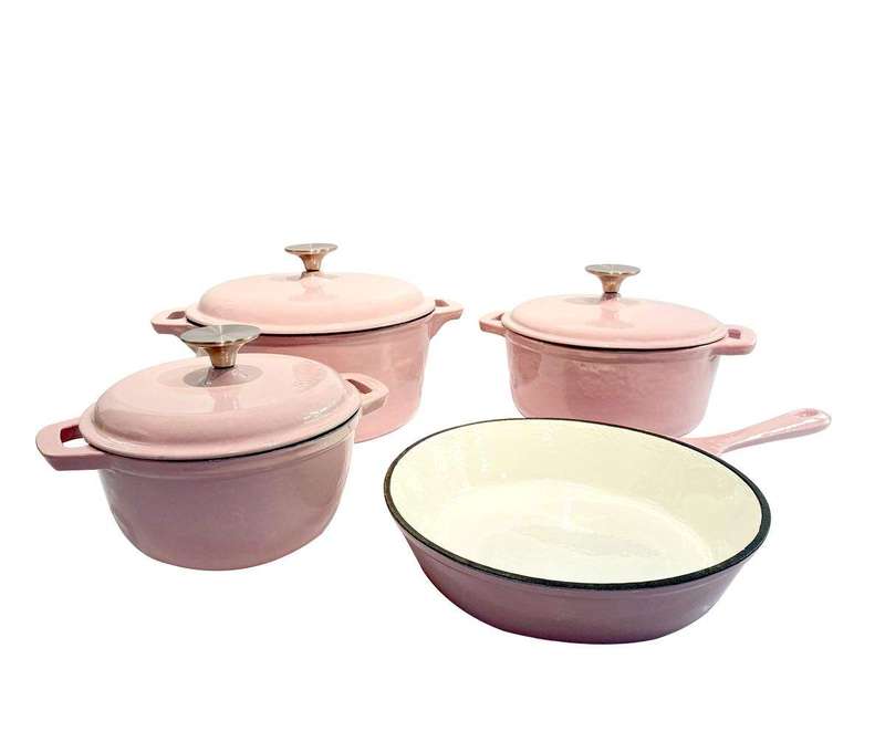 SMTE Light Pink 7 Pc Cast Iron Cookware Pot Set with keychain