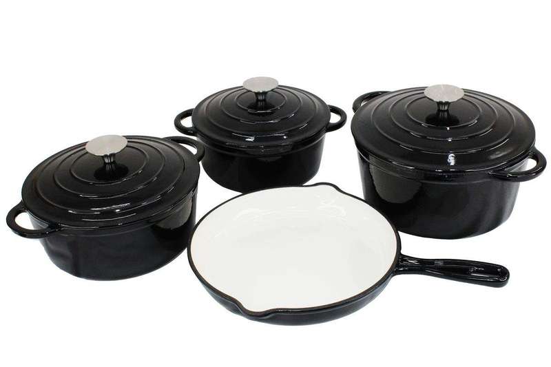 SMTE 7-Piece Cast Iron Dutch Oven Cookware Pot Set - Black with keychain
