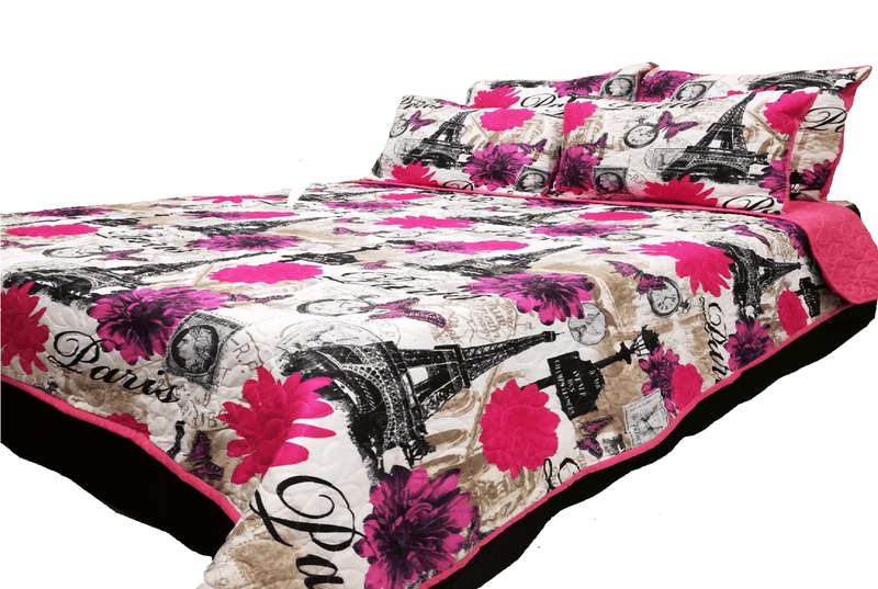 SMTE 5 Piece Quilt Set Pink Eiffel Tower Bedspread Set with keychain