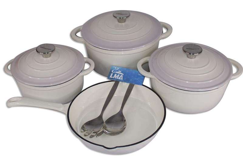 SMTE Authentic 7 Piece Cast Iron Cookware Set & Complementary LMA Serving Spoons with keychain