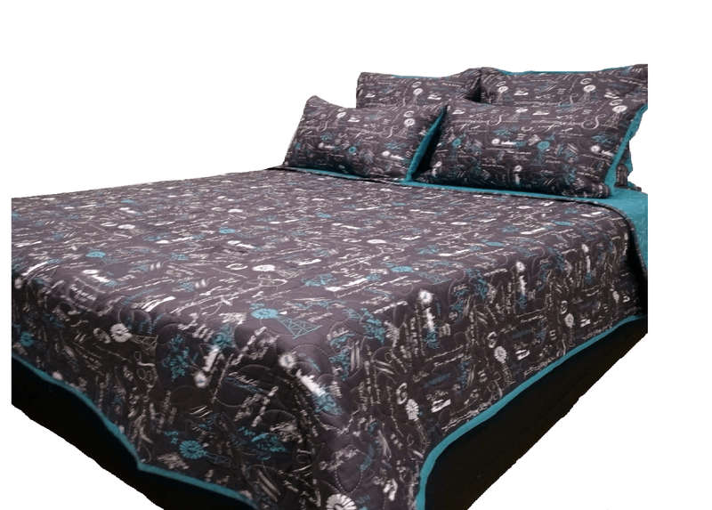 SMTE 5 Piece Quilt Set Blue Black Eiffel Tower Bedspread Set with keychain