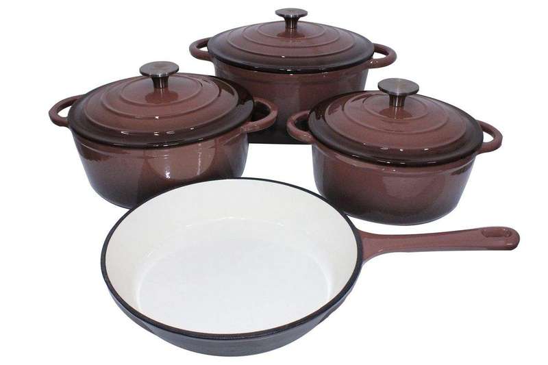 SMTE Stunning - 7 Piece New Design Dutch Pot Cookware Sets Cast Iron - Brown with keychain