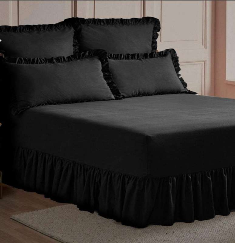 SMTE- 6-piece Frilled Bed Sheet Set - Black - S with keychain