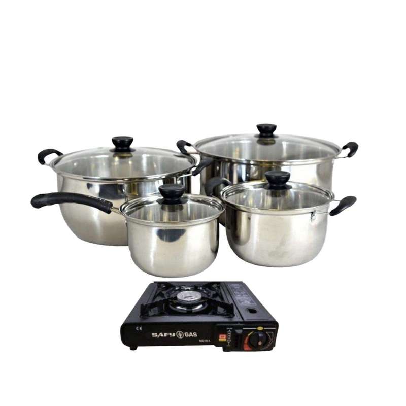 SMTE High Heat Output Portable Gas Stove & Quality 4 Piece Pot Set Combo with keychain