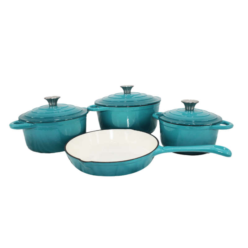 SMTE 7 Piece Authentic Cast Iron Dutch Oven Cookware Pot Set - Blue with keychain