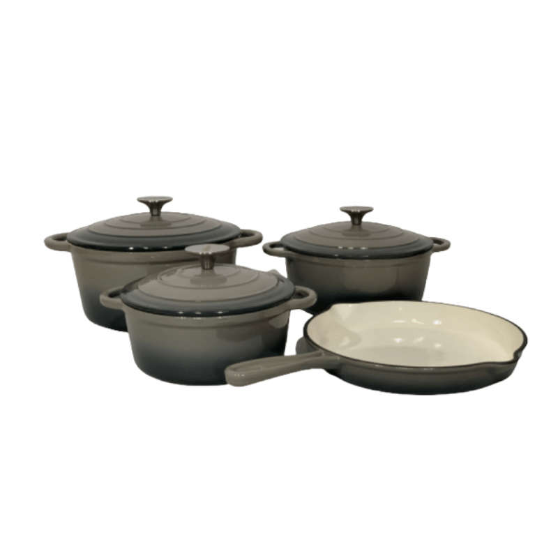 SMTE 7 Piece Authentic Cast Iron Dutch Oven Cookware Pot Set - Grey with keychain