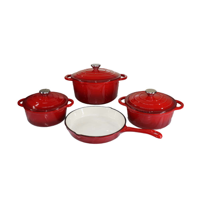 SMTE 7 Piece Authentic Cast Iron Dutch Oven Cookware Pot Set - Red with keychain