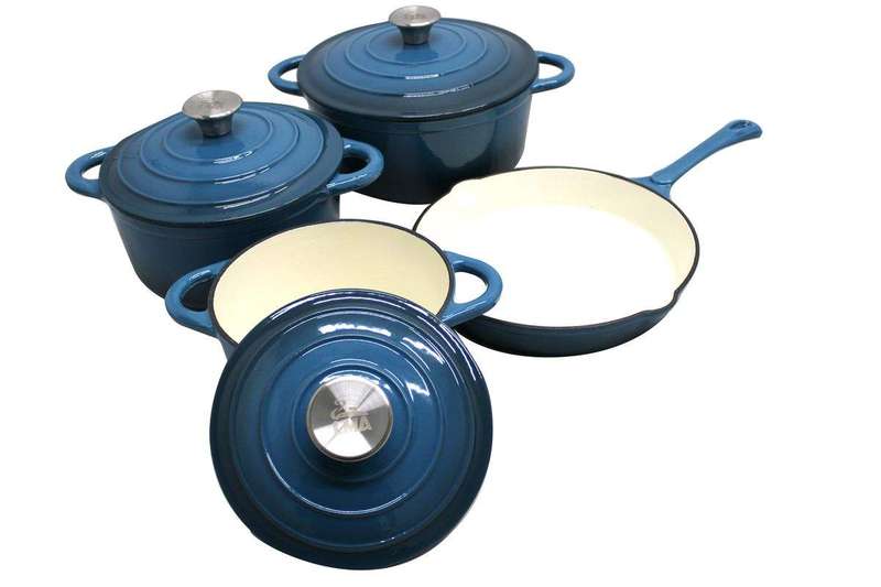 SMTE Stunning - 7 Piece New Design Dutch Pot Cookware Sets Cast Iron - Blue with keychain