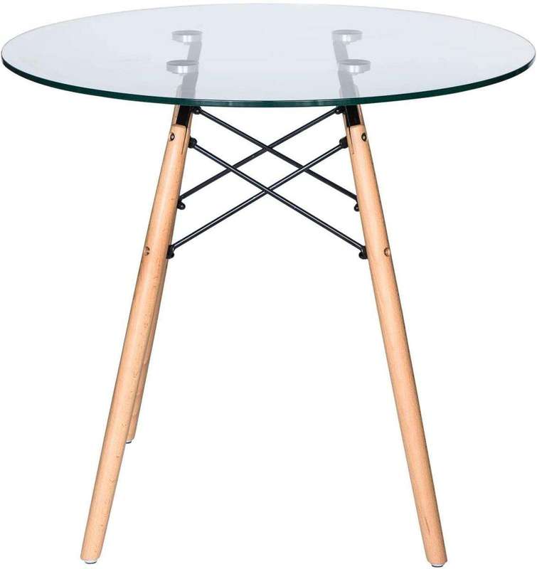 SMTE Round Dining Table, Scandinavian Glass Kitchen Table with Solid Beech Legs with keychain
