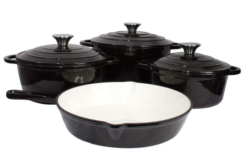 SMTE Stunning - 7 Piece New Design Dutch Pot Cookware Sets Cast Iron - Black with keychain