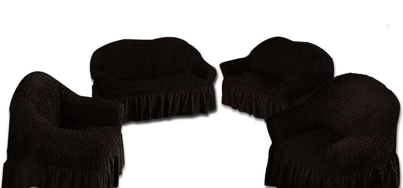SMTE Decadent Ruffled 4 Piece Sofa & Couch Slipcover Set -2 + 2 + 1 + 1 - Black with keychain
