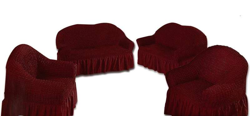 SMTE Decadent Ruffled 4 Piece Sofa & Couch Slipcover Set -2 + 2 + 1 + 1 - Maroon with keychain