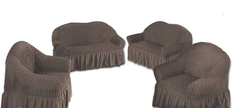 SMTE Decadent Ruffled 4 Piece Sofa & Couch Slipcover Set -2 + 2 + 1 + 1 - Silver with keychain