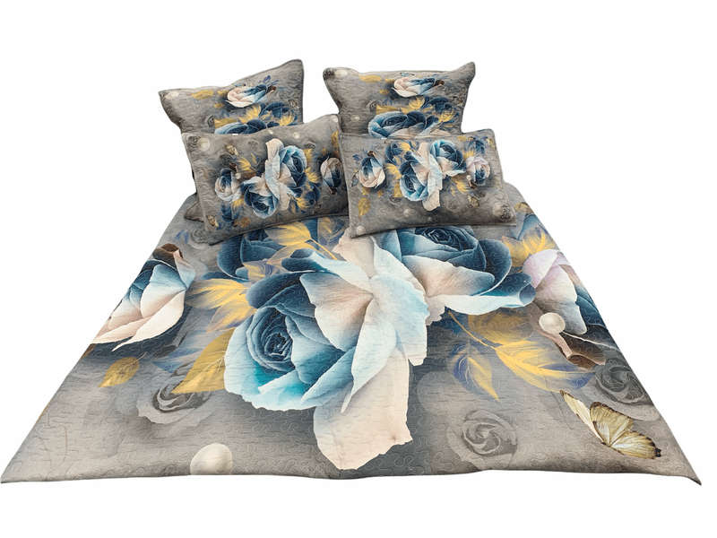 SMTE Queen 5 Piece Brown With Blue Roses Microfiber Bedspread Set with keychain