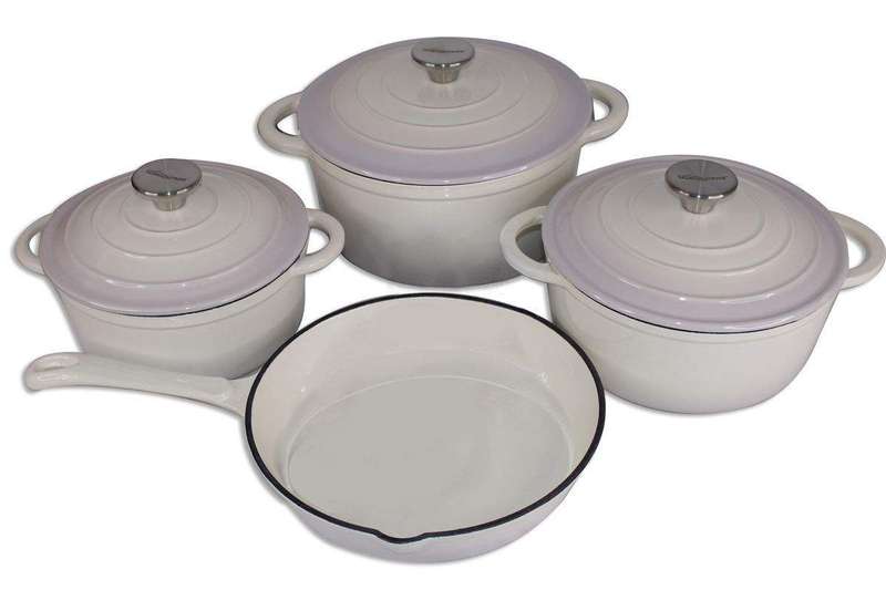 SMTE White Cast Iron Cookware Set - 7-Piece with keychain