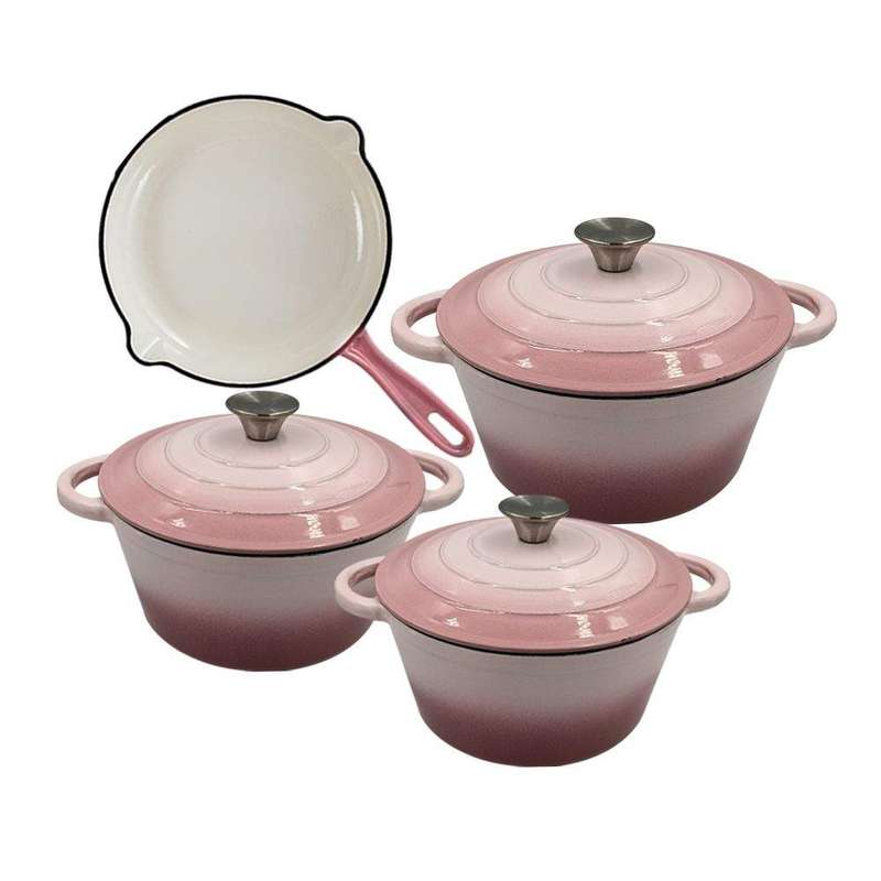 SMTE Stunning - 7 Piece New Design Dutch Pot Cookware Sets Cast Iron - 2 Tone PInk with keychain