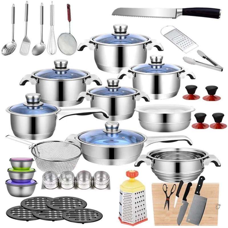 SMTE Stainless Steel 7-Layer Capsuled Bottom Cookware Set With Bread Knife-51Pcs with keychain