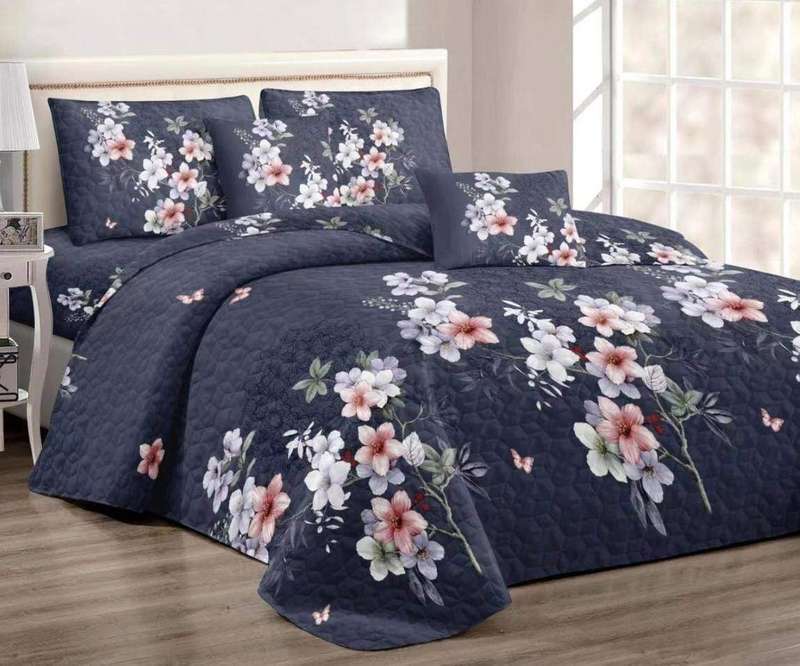 SMTE Bedspread Set 5 Piece Microfiber - F14 - D12 - (Blue) - Double with keychain