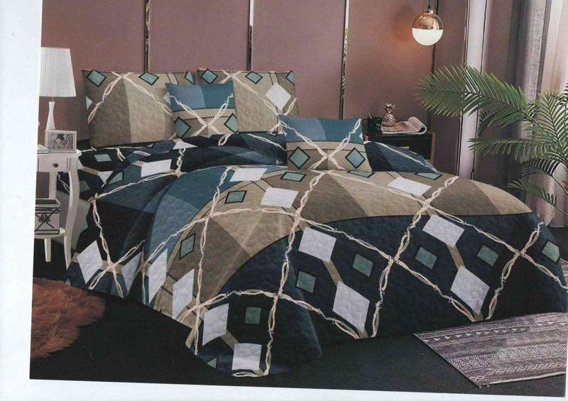 SMTE Bedspread Set 5 Piece Microfiber - F14 - D4- (Blue & Brown) - Double with keychain