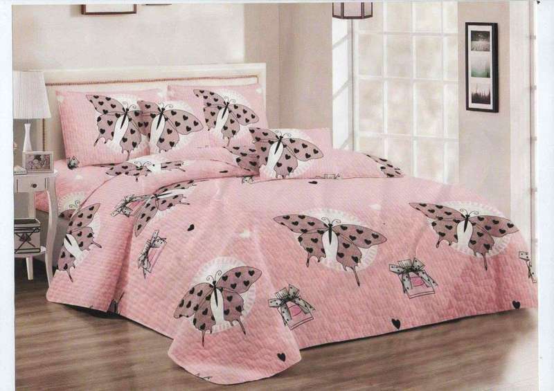 SMTE Bedspread Set 5 Piece Microfiber - F14 - D1 - (Pink) - Double with keychain
