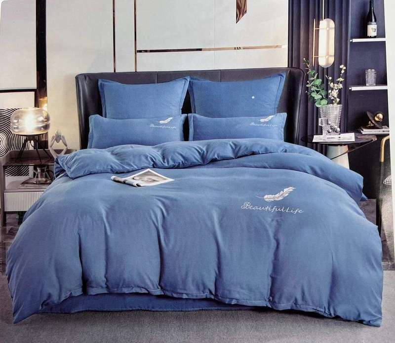 SMTE Cotton Plain Beautiful Feather Double Duvet Cover 6 Pieces - Blue with keychain