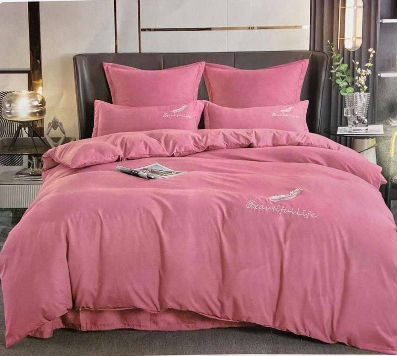 SMTE Cotton Plain Beautiful Feather Double Duvet Cover 6 Pieces - Pink with keychain