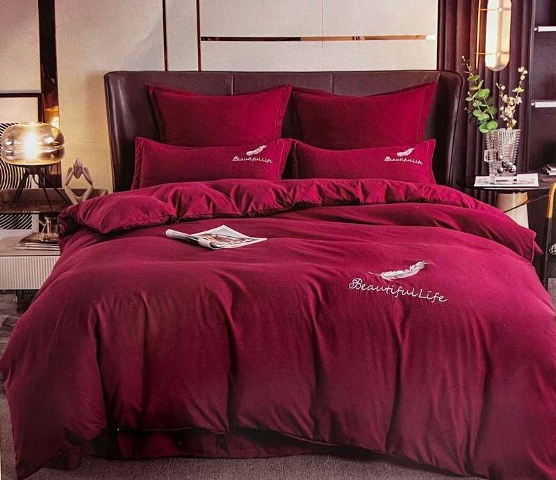 SMTE Cotton Plain Beautiful Feather Double Duvet Cover 6 Pieces - Red with keychain