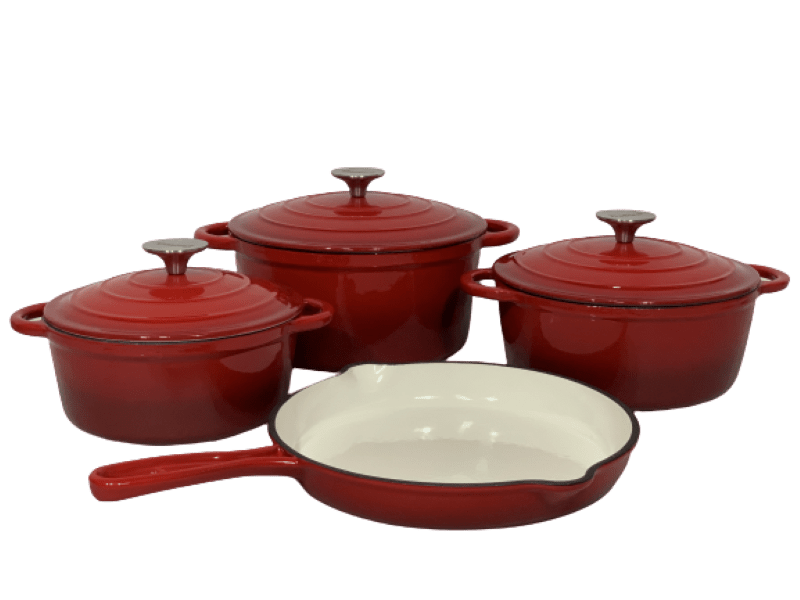 SMTE Pot set 7 Piece Cast Iron Grooved Lid Red with keychain