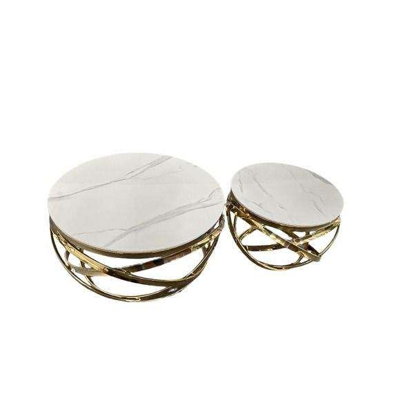 SMTE Set of 2 Marble top Round Lugee Coffee Tables - White and Gold with keychain