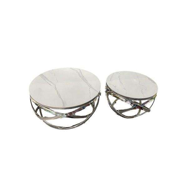 SMTE Set of 2 Marble Top Round Lugee Productions Coffee Tables - White and Silver with keychain