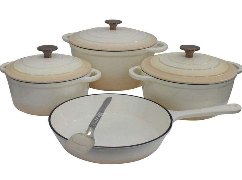 SMTE Quality Cast Iron Cookware Set & Complementary IYWA Serving Spoon - White with keychain